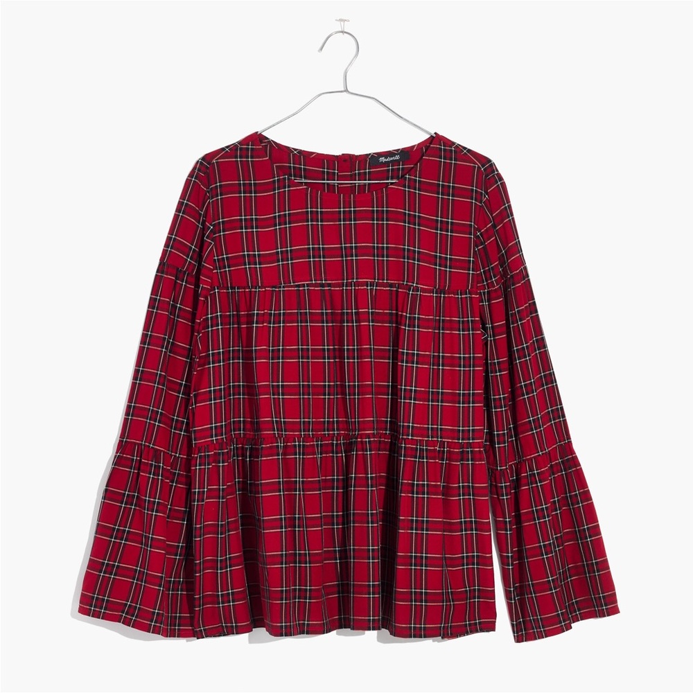Madewell Red Plaid Tiered Button Back  Blouse